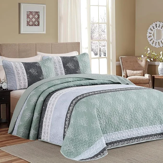 Quality DJY Stripe Quilt Set King Size Sage Green Bedspread Coverlet Set 3 Pieces Boho Modern