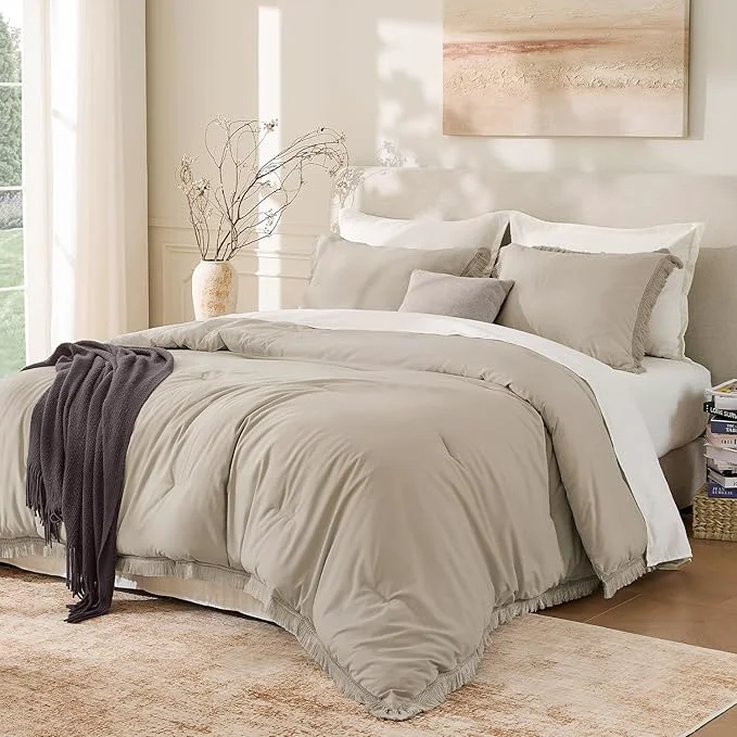 Crafted Andency Oatmeal Comforter Set Queen 3 Pieces Boho Tassel Lightweight Bedding Unique