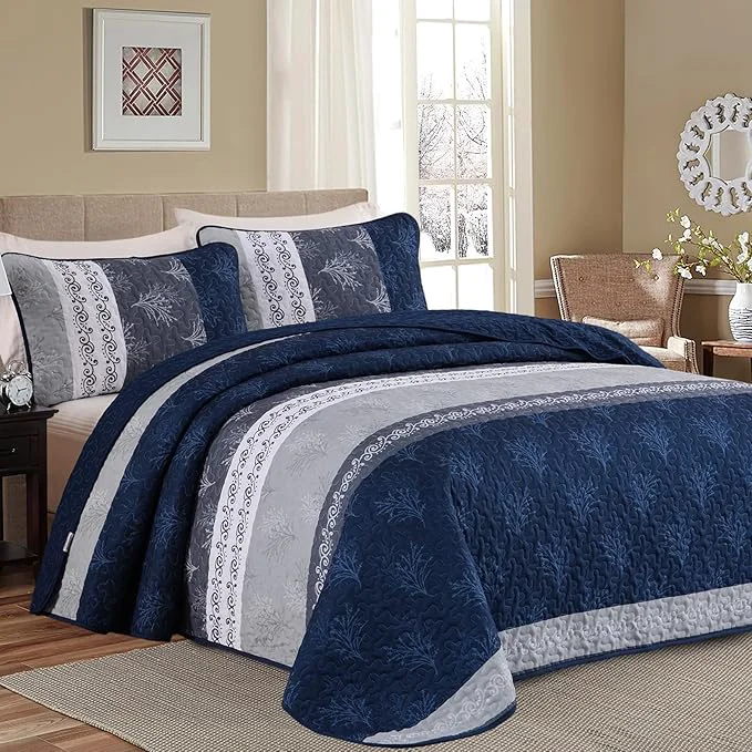 Healthy DJY Stripe Quilt Set Queen Size Navy Blue Bedspread Coverlet Set 3 Pieces Boho Relaxed