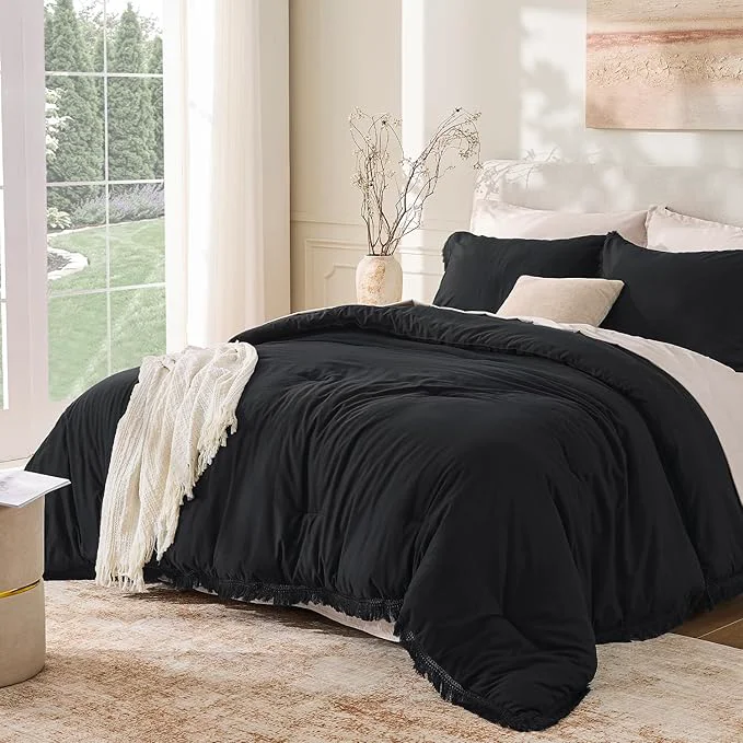 Fashionable Andency Black Comforter Set Full Size 3 Pieces Boho Tassel Lightweight Bedding Functional