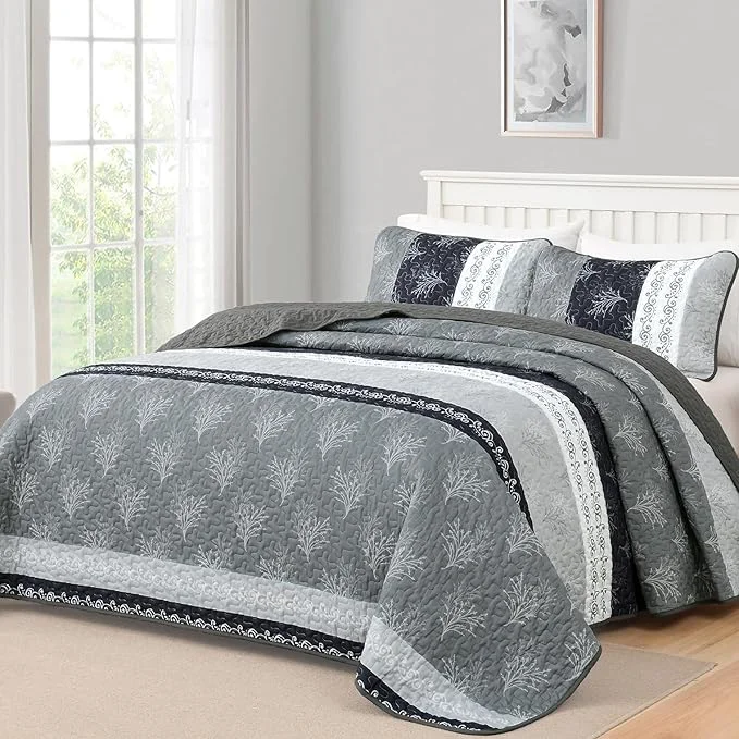 Luxury DJY Gray Quilt Set Queen Size Boho Striped Patchwork Bedspread Coverlet Versatile
