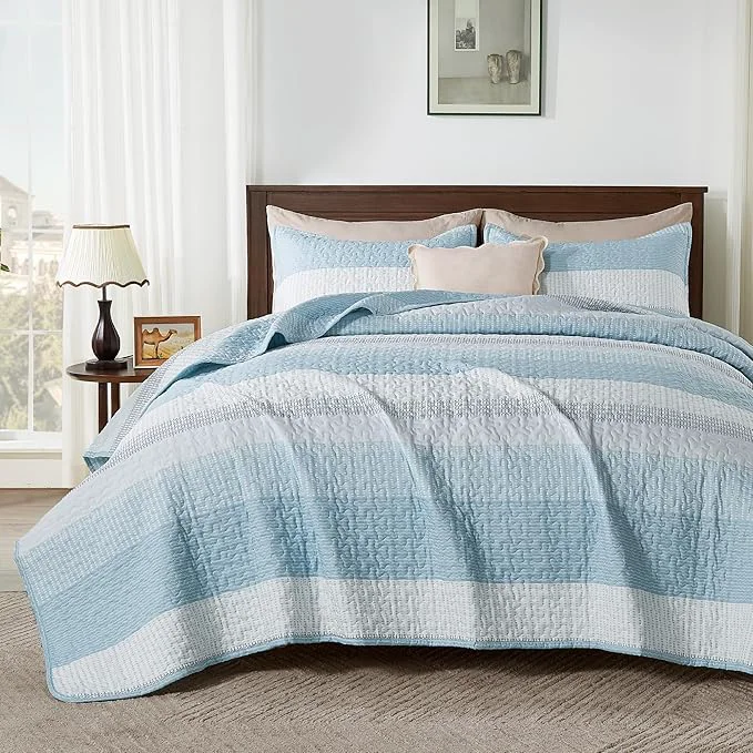 Elite Andency Queen Quilt Bedding Set Aqua Blue 3 Pieces Patchwork Summer Striped Stylish