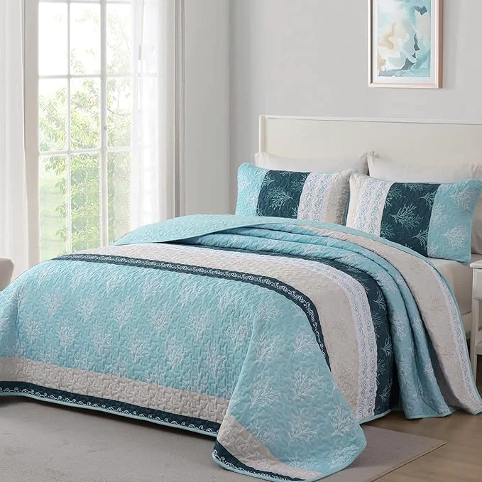 Environmentally Friendly DJY Quilt Set Queen Size Light Blue Boho Striped Floral Bedspread Coverlet Set Exceptional