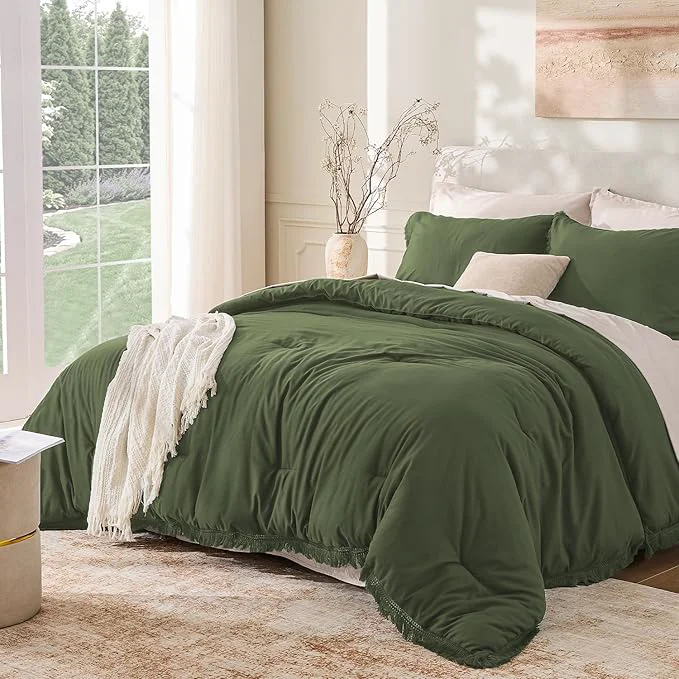 Long-Lasting Andency Olive Green Comforter Set King 3 Pieces Boho Tassel Lightweight Refined
