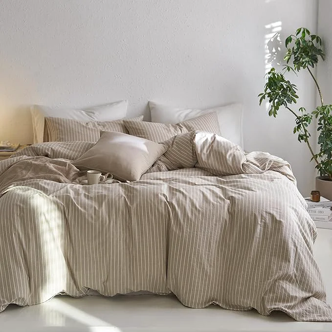 Fast MooMee Striped Duvet Cover Set Washed Cotton Linen Like Textured Responsible