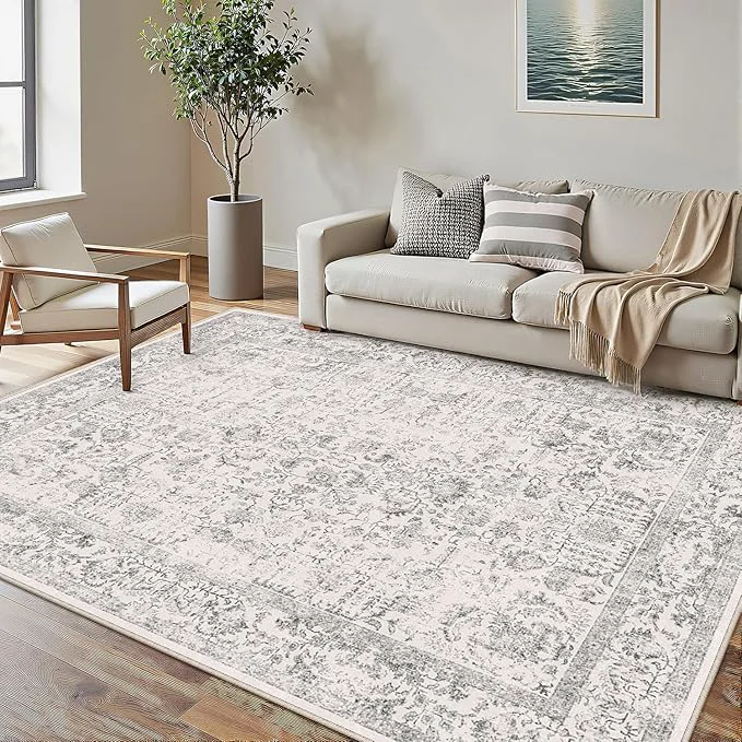 Durable Gray Area Rug 5×8 Machine Washable Vintage Living Room Distressed Non Slip Fashionable