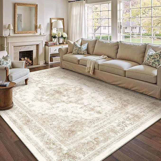Lightweight Area Rug 10×12 Cream Washable Living Room Beige Carpet Non Slip Vintage First-Class