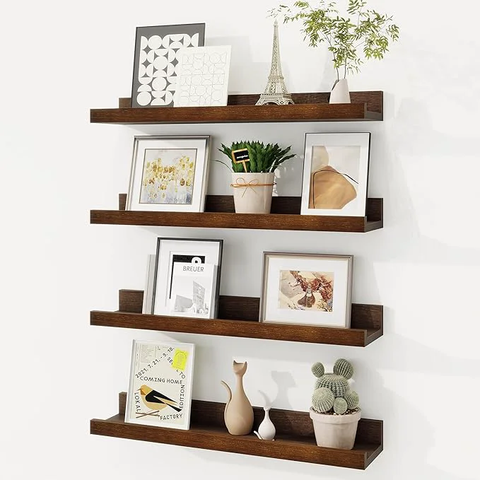 High-Grade Fun Memories Picture Ledge Shelf Solid Pine Wood Floating Shelves Set of 4 Stylish