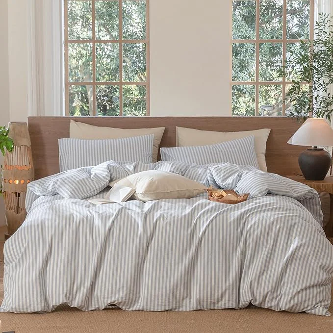 Relaxed MooMee Striped Duvet Cover Set Washed Cotton Linen Like Textured Selected