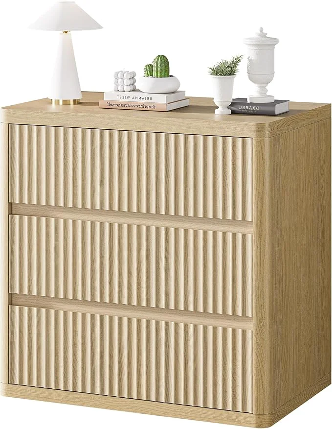 Quality Fluted Nightstand with 3 Drawers Wood Night Stand with Storage， 25 Wide Expertly Made