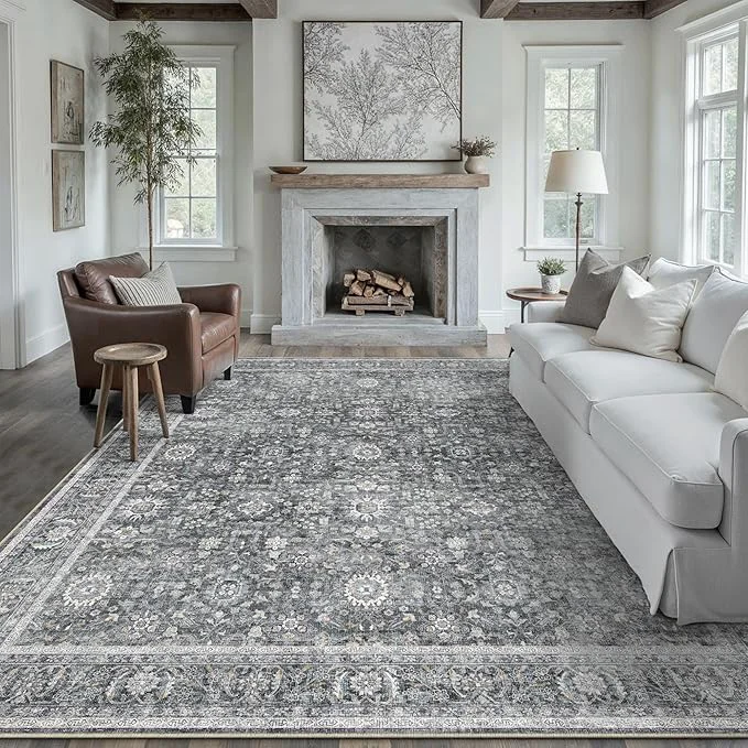 High-Performance Blue 8×10 Area Rug Non Slip Large Vintage Living Room Distressed Machine Convenient