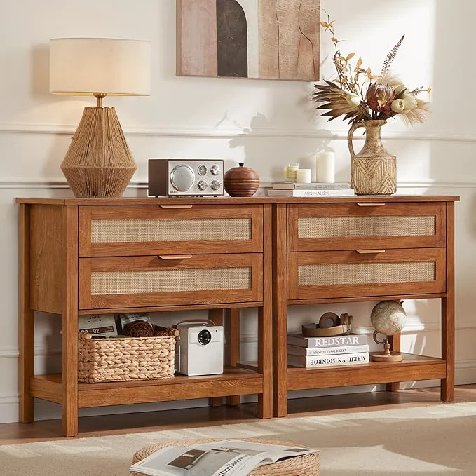 Secure LEYAOYAO 31.5 Wide Rattan Night Stand Large Boho Nightstand Bedside Table Proven