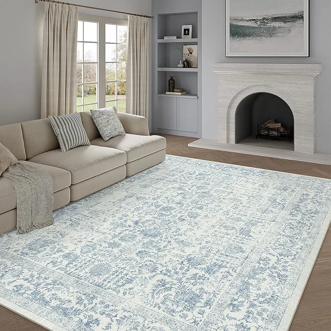 Solid Blue Area Rug 6×9 Machine Washable Vintage Living Room Distressed Non Slip Refined