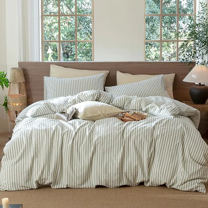 Premium MooMee Striped Duvet Cover Set Washed Cotton Linen Like Textured High-End
