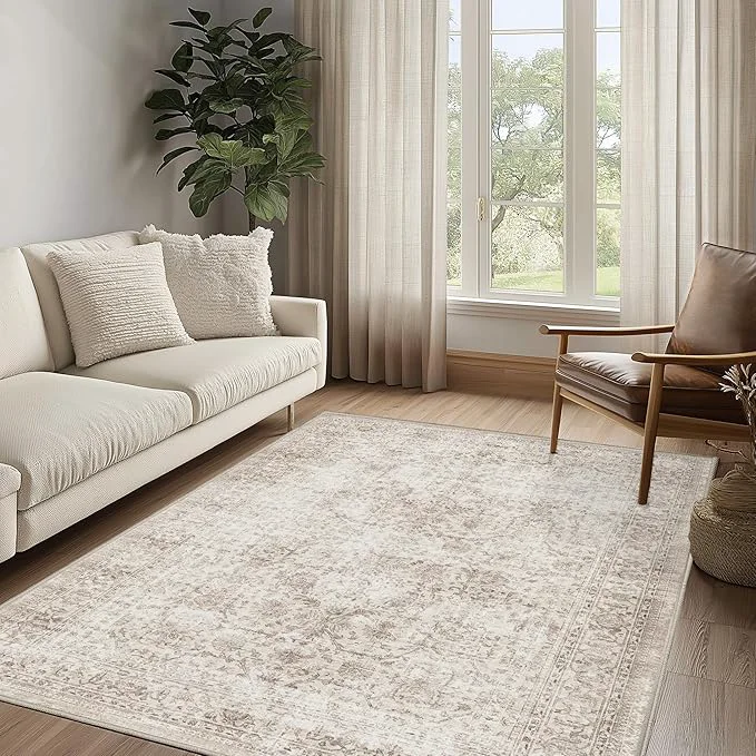 Modern FMFUNCTEX 4×6 Washable Area Rug Neutral Vintage Beige Non Slip Low Pile Enhanced
