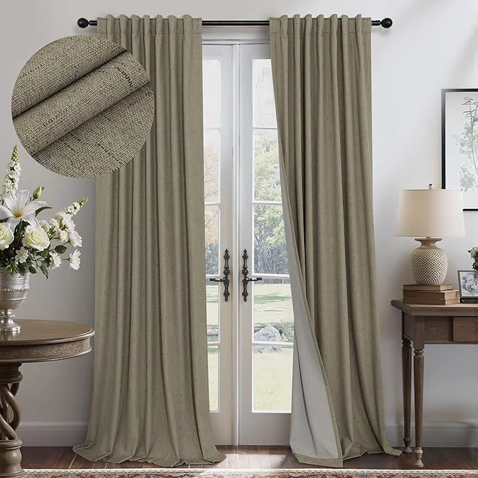 Flexible Dark Taupe Neutral Blackout Curtains 96 Inch Long 2 Panel Insulated Sliding Fast