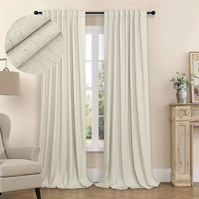 Safe Blackout Neutral Curtains for Living Room 96 Inches Long 8 ft Faux Linen Casual