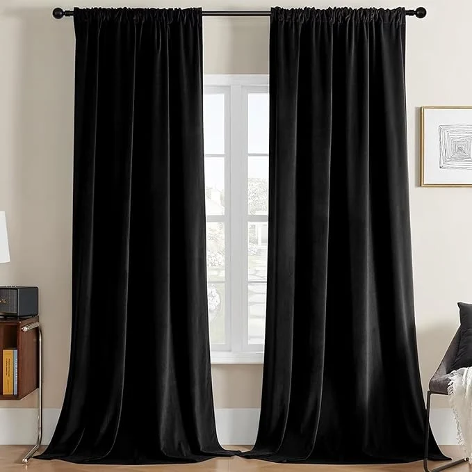 Consistent Joydeco Black Velvet Curtains 72 inch Length 2 Panels Luxury Blackout Rod Smooth