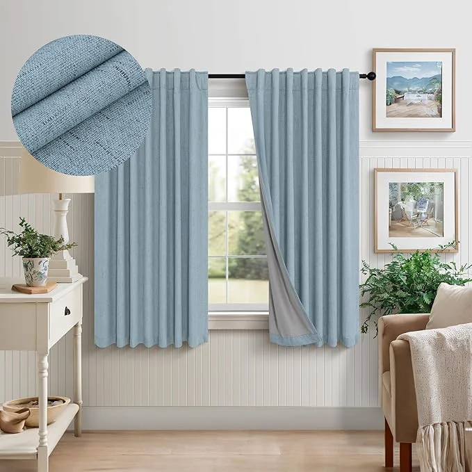 Environmentally Friendly Dusty Blue Blackout Curtains for Nursery 54 Inch Length 2 Panel Chic Linen Look Optimized