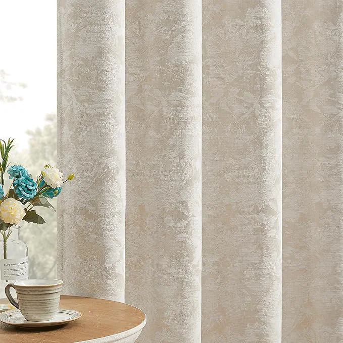Trendy Beauoop Beige Floral Jacquard Blackout Curtains 84 Inches Long 2 Panels Superior