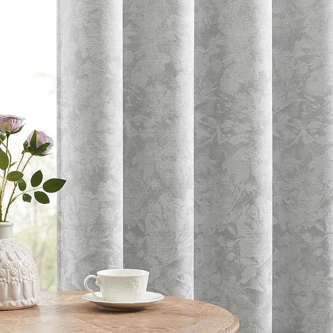 Casual Beauoop Grey Floral Jacquard Blackout Curtains 63 Inches Long 2 Panels Contemporary