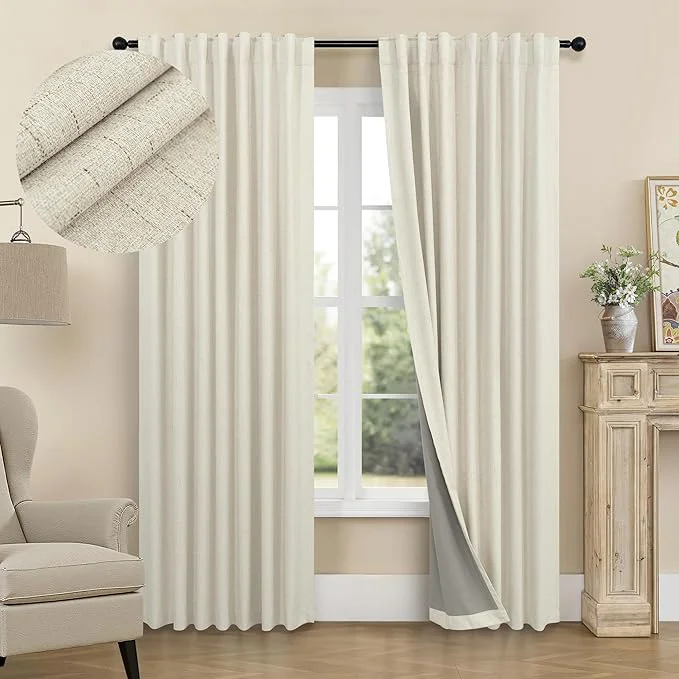 Pure Black Out Burlap Curtains 63 Inch Long Faux Linen Farmhouse Bedroom Blackout Fast