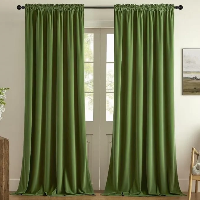 Trendy Joydeco Green Velvet Curtains 72 inch 2 Panel Room Darkening Super Soft Velvet Premium