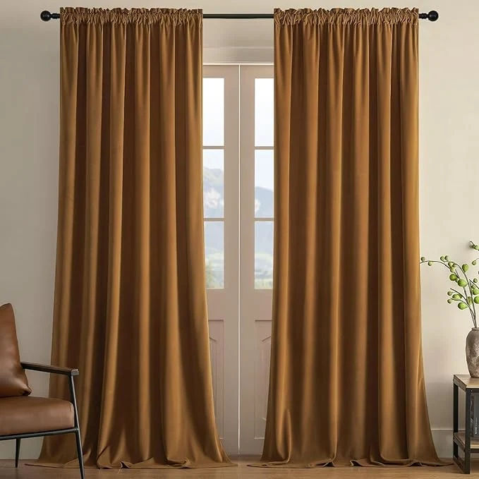 Minimalist Joydeco Camel Brown Velvet Curtains 120 inch Length 2 Panels Luxury Blackout Excellent