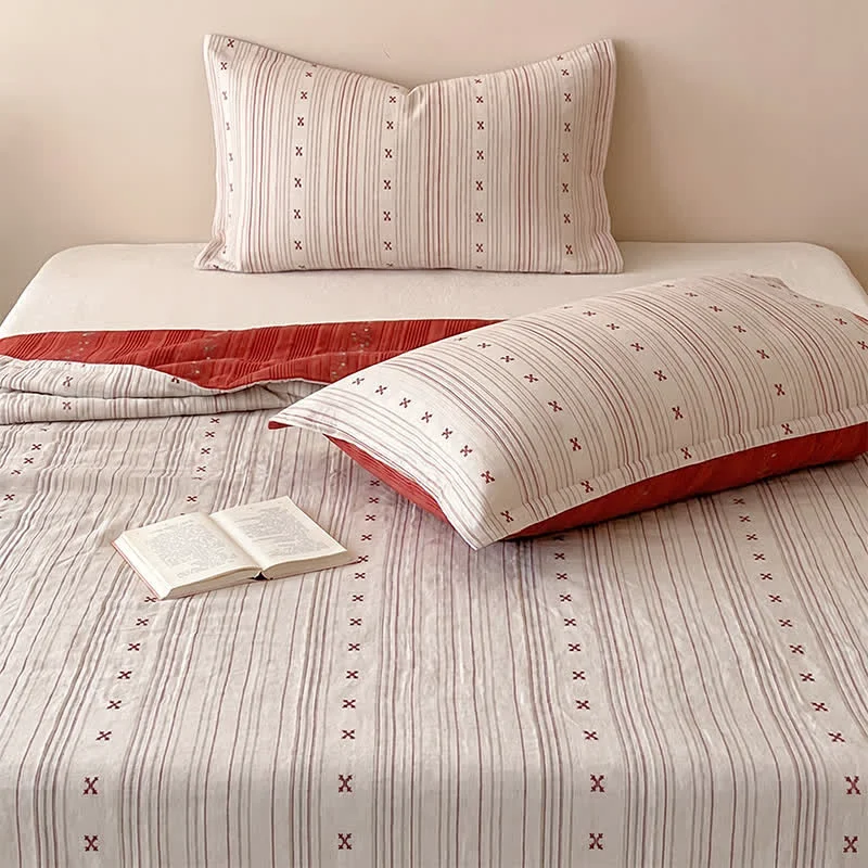 Detailed Ownkoti Cherry Stripe Red Trim Washed Cotton Bedding Set Sophisticated