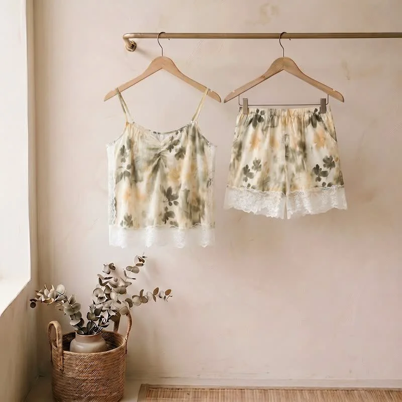 Casual Ownkoti Beige Floral Lace Cami Lounge Set Top-Quality