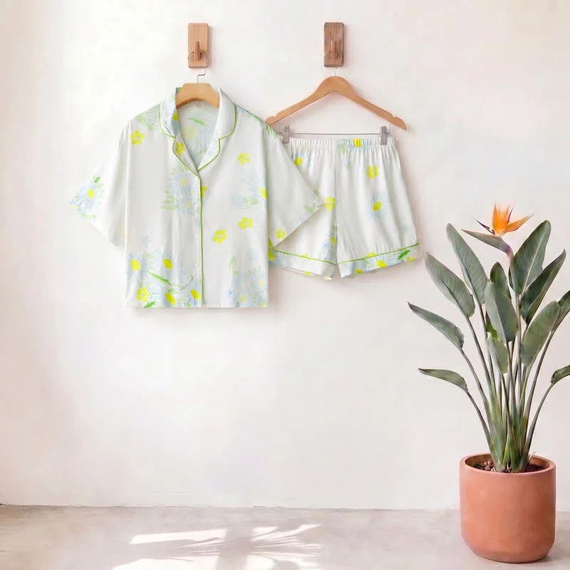 Effective Ownkoti Sunflower Mint Contrast Trim Pajama Short Set Secure