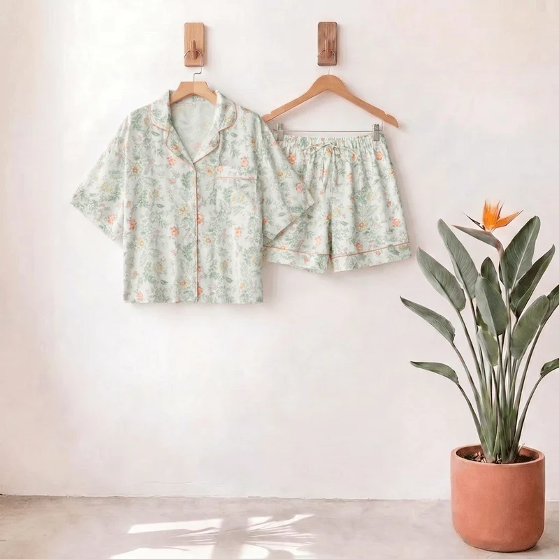 Sophisticated Ownkoti French Floral Satin Short Pajama Set for Summer Nights Green
