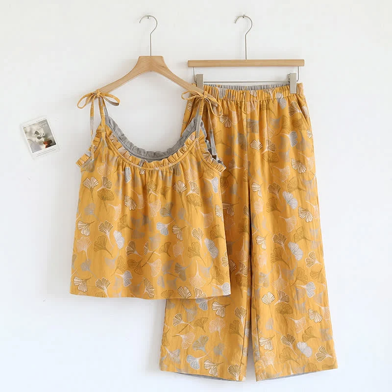 Specialty Ownkoti Ginkgo Leaf Print Tie-Shoulder Loungewear Set High-Grade