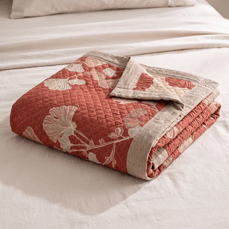 Classic Ownkoti Red Ginkgo Leaf Pattern Cotton Blanket Artisan