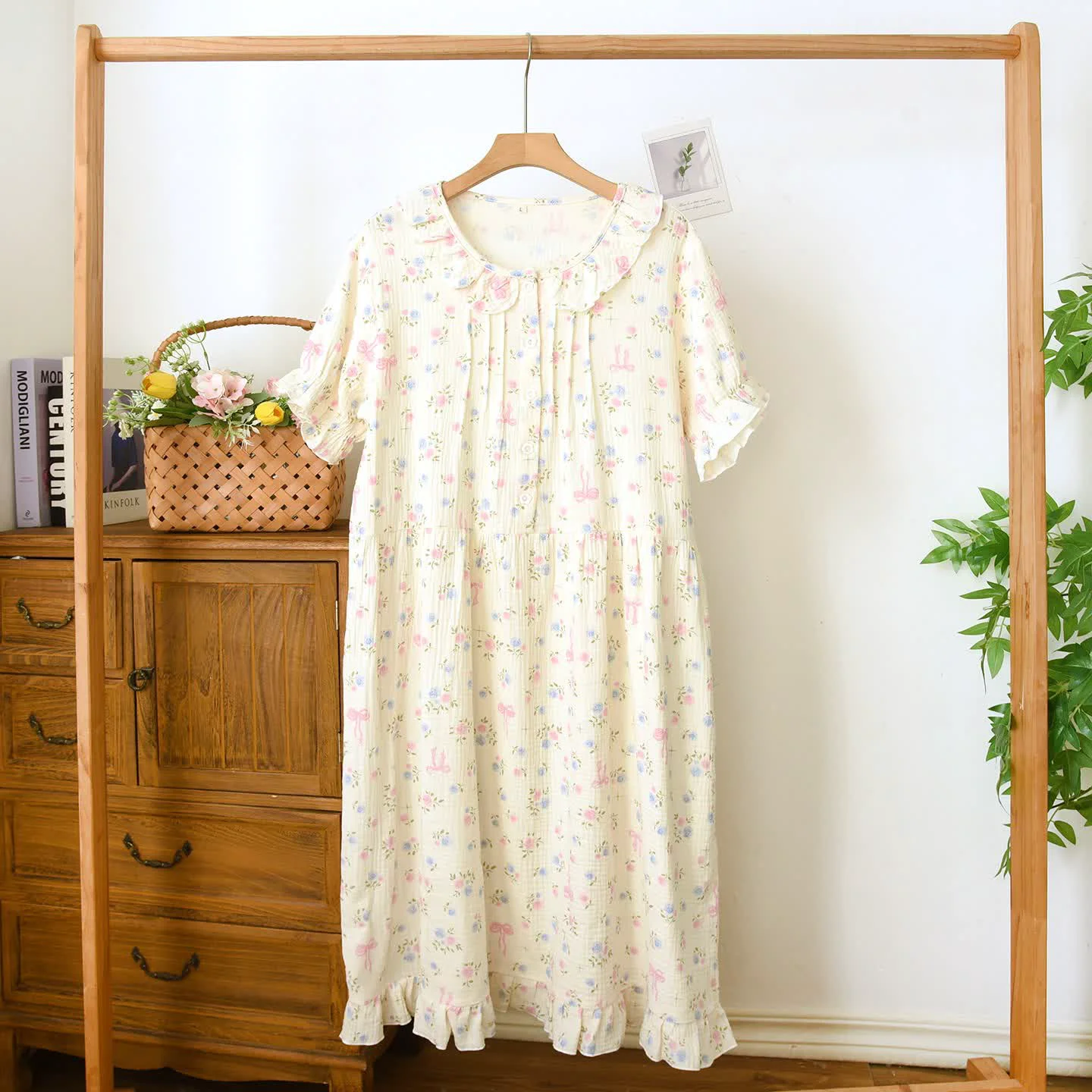 Trendy Ownkoti Floral Ruffle Collar Cotton Muslin Nightgown Next-Generation