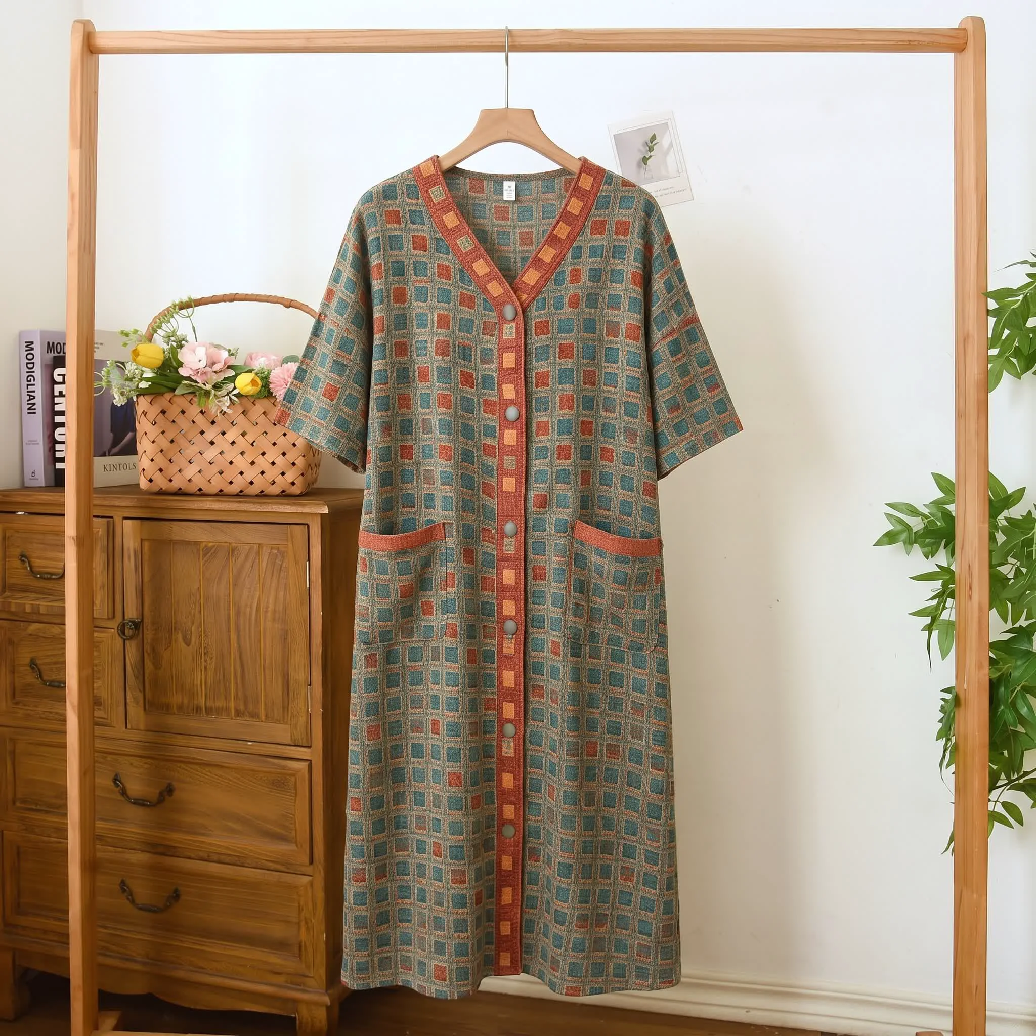 Consistent Ownkoti Plus Size Plaid Cotton Cardigan Nightgown Detailed