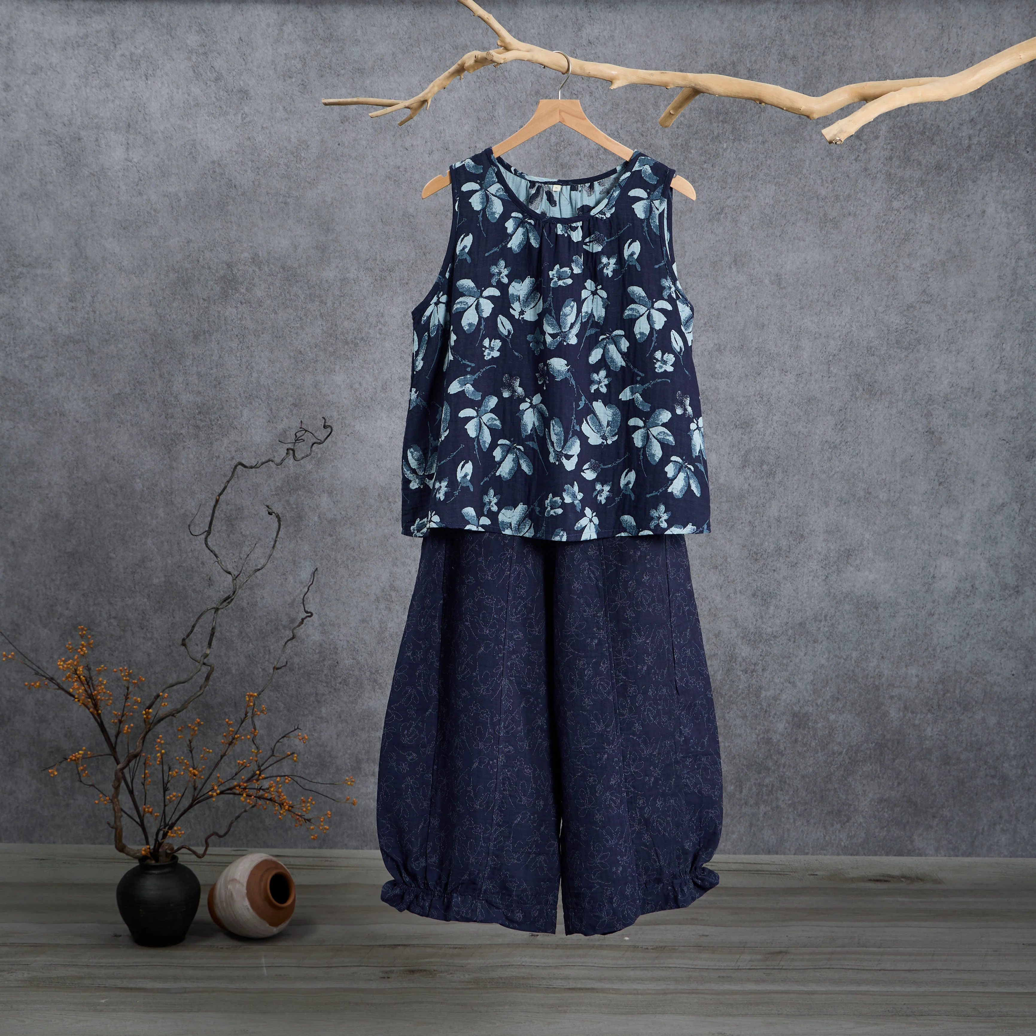 Advanced Ownkoti Retro Navy Blue Floral Cotton Tank Loungewear Set Luxury