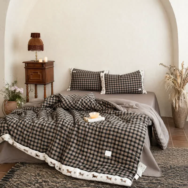 Natural Cozy Khaki Gingham Quilt with Puppy Embroidery Eco-Friendly