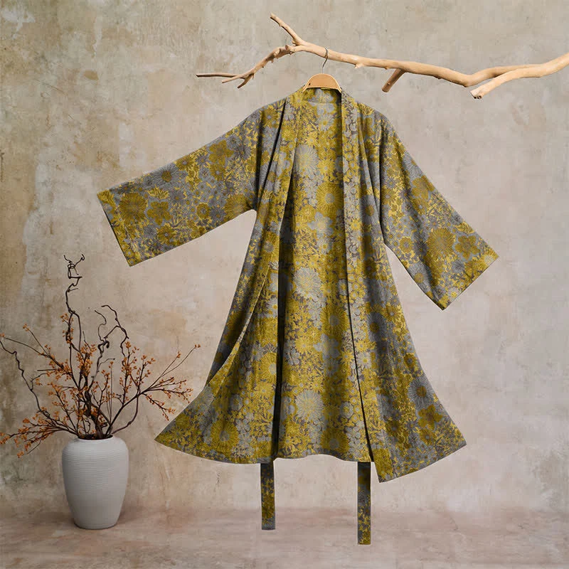 Authentic Ownkoti Retro Muted Floral Cotton Lounge Robe Lightweight