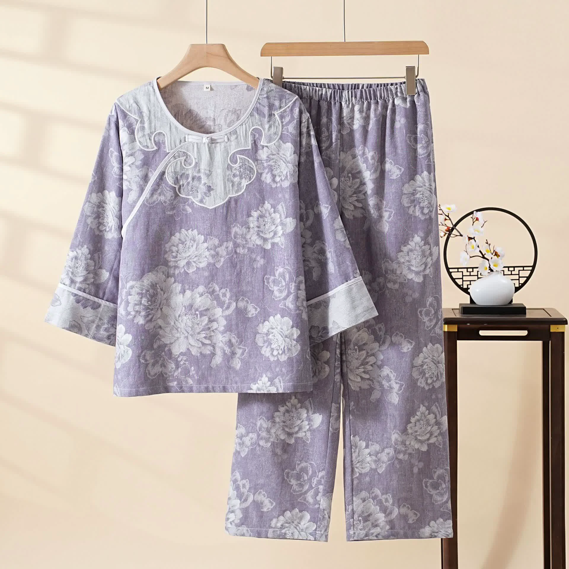 Dependable Ownkoti Vintage Peony Cotton Gauze Jacquard Loungewear Set Versatile