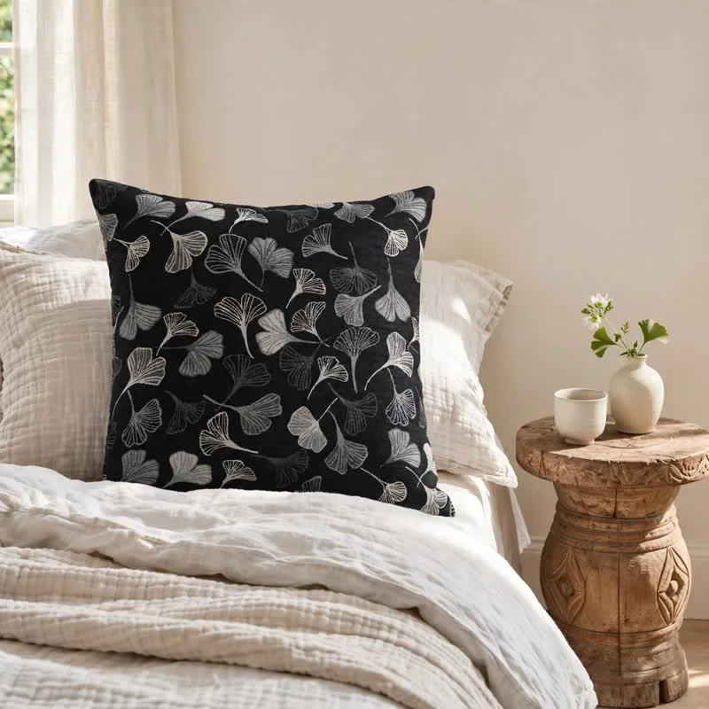 High-End Ownkoti Vintage Black Ginkgo Leaf Throw Pillow Elegant
