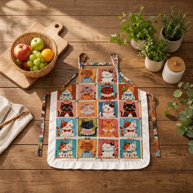 Comfortable Ownkoti Grid‑Cat Print Cotton Ruffled Cooking Apron Environmentally Friendly