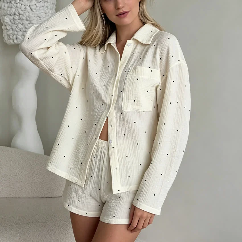 High-Performance Ownkoti Collared Dot Print Cotton Pajama Set High-End