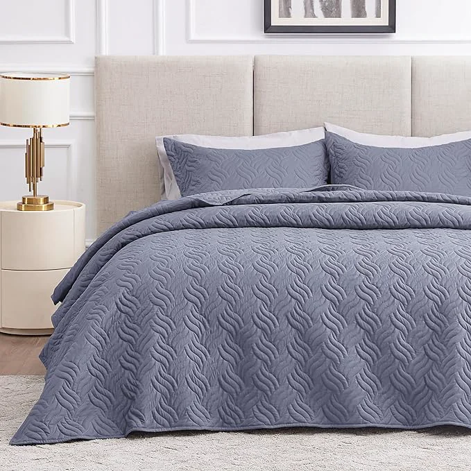 Enhanced Love 39 s cabin Quilts for Queen Bed Bluish Grey Bedspreads Bedding Set – Summer Lightweight Bedspread Comforter – Wave Pattern Bedding Coverlet for All Season – 3 Pieces 1 Quilt 2 Pillow Shams High-Grade