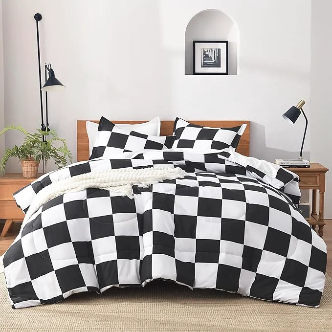 Relaxed Andency Checkered Comforter Full 79x90Inch Black White Plaid Gingham Bed Set for Teen Boys Kids Lightweight Polyester Geometric Preppy Bedding 3 Pieces Stylish
