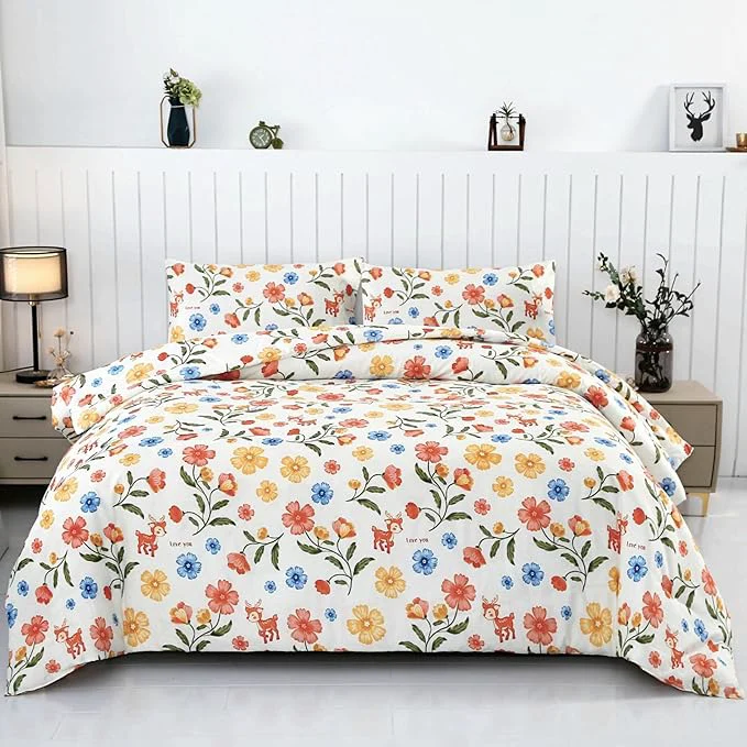 Verified SDIII Reindeer and Floral Comforter Set Twin 3 Pieces Soft Microfiber Vintage Floral Comforter Twin Size Yellow Flower Bedding All Season Solid