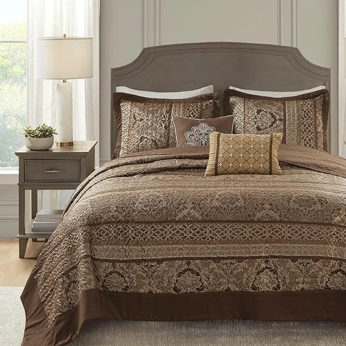 Carefully Designed Madison Park Bellagio Reversible Quilted Bedspread Set Solid Reverse Summer Breathable Lightweight All Season Bedding Layer Matching Shams Bedspread Queen 102 quot x118 quot Brown 5 Piece Versatile