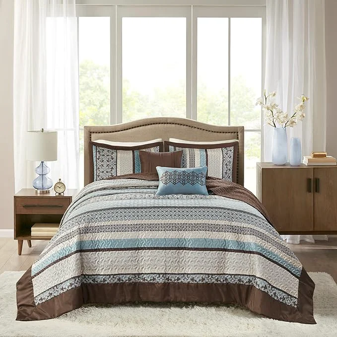 Exclusive Madison Park Princeton Reversible Quilted Bedspread Set Solid Reverse Summer Breathable Lightweight All Season Bedding Layer Matching Shams Bedspread King 120 quot x118 quot Blue 5 Piece Original Design