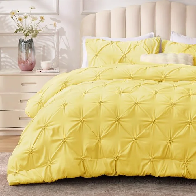 Healthy BEDELITE Light Yellow Queen Comforter Set – 3 Pieces Boho Pintuck Bedding Comforter Sets Lightweight Soft amp Warm Bed Comforter Queen with 2 Pillowcases for All Season Safe