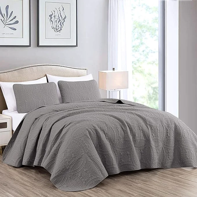 Enhanced Chezmoi Collection Austin 3-piece Oversized Bedspread Coverlet Set King Gray Oversized Lightweight Fade Resistant Detailed